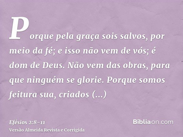 Porque pela graça sois salvos, por meio da fé; e isso não vem de vós; é dom de Deus.Não vem das obras, para que ninguém se glorie.Porque somos feitura sua, cria