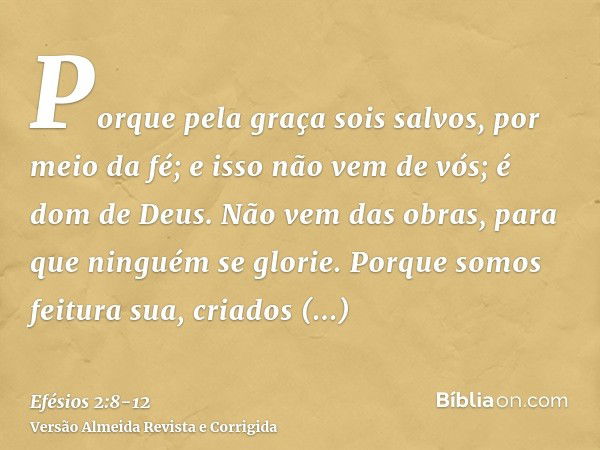 Porque pela graça sois salvos, por meio da fé; e isso não vem de vós; é dom de Deus.Não vem das obras, para que ninguém se glorie.Porque somos feitura sua, cria