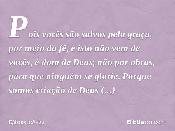 Pois vocês são salvos pela graça, por meio da fé, e isto não vem de vocês, é dom de Deus; não por obras, para que ninguém se glorie. Porque somos criação de Deu