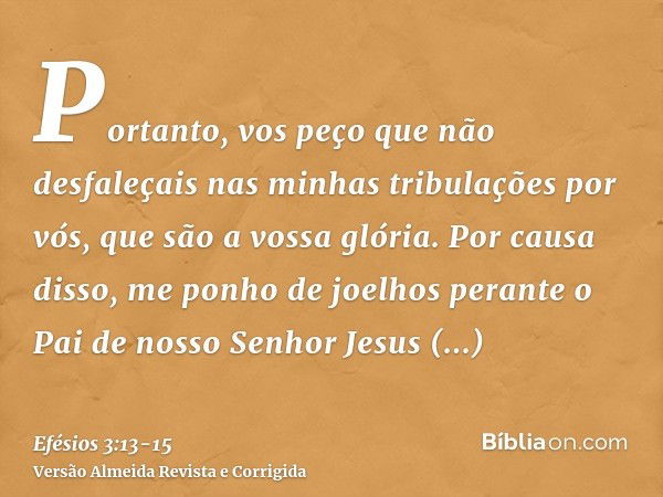 Portanto, vos peço que não desfaleçais nas minhas tribulações por vós, que são a vossa glória.Por causa disso, me ponho de joelhos perante o Pai de nosso Senhor