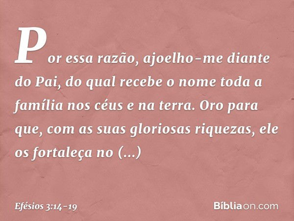 Por essa razão, ajoelho-me diante do Pai, do qual recebe o nome toda a família nos céus e na terra. Oro para que, com as suas gloriosas riquezas, ele os fortale