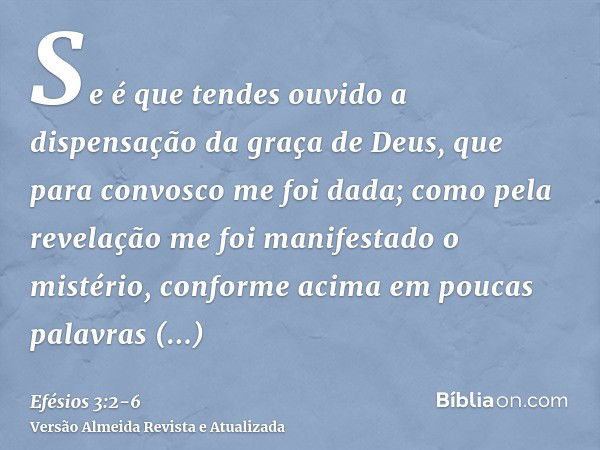 Se é que tendes ouvido a dispensação da graça de Deus, que para convosco me foi dada;como pela revelação me foi manifestado o mistério, conforme acima em poucas