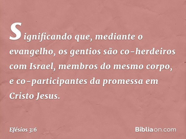 significando que, mediante o evangelho, os gentios são co-herdeiros com Israel, membros do mesmo corpo, e co-participantes da promessa em Cristo Jesus. -- Efési