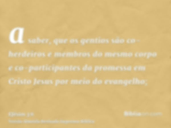 a saber, que os gentios são co-herdeiros e membros do mesmo corpo e co-participantes da promessa em Cristo Jesus por meio do evangelho;