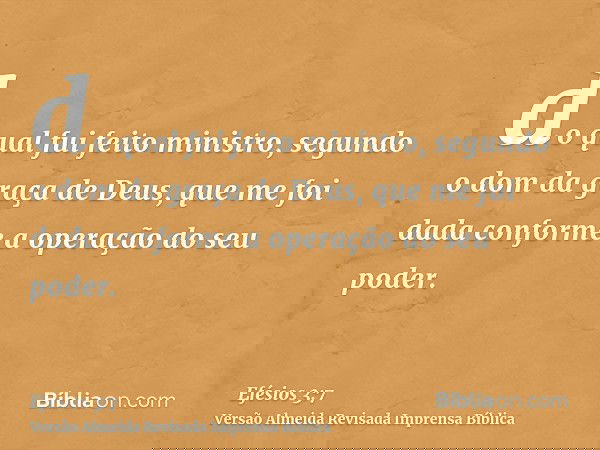 do qual fui feito ministro, segundo o dom da graça de Deus, que me foi dada conforme a operação do seu poder.