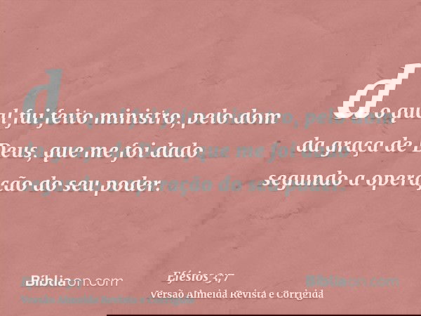 do qual fui feito ministro, pelo dom da graça de Deus, que me foi dado segundo a operação do seu poder.