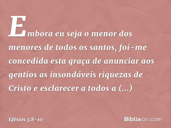 Embora eu seja o menor dos menores de todos os santos, foi-me concedida esta graça de anunciar aos gentios as insondáveis riquezas de Cristo e esclarecer a todo