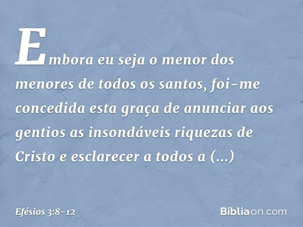 Embora eu seja o menor dos menores de todos os santos, foi-me concedida esta graça de anunciar aos gentios as insondáveis riquezas de Cristo e esclarecer a todo