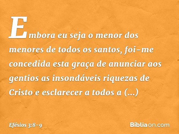 Embora eu seja o menor dos menores de todos os santos, foi-me concedida esta graça de anunciar aos gentios as insondáveis riquezas de Cristo e esclarecer a todo