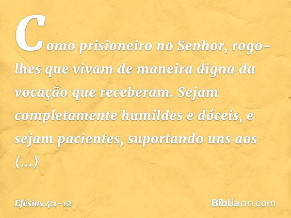 Como prisioneiro no Senhor, rogo-lhes que vivam de maneira digna da vocação que receberam. Sejam completamente humildes e dóceis, e sejam pacientes, suportando 