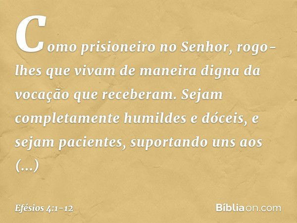 Como prisioneiro no Senhor, rogo-lhes que vivam de maneira digna da vocação que receberam. Sejam completamente humildes e dóceis, e sejam pacientes, suportando 