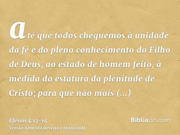 até que todos cheguemos à unidade da fé e do pleno conhecimento do Filho de Deus, ao estado de homem feito, à medida da estatura da plenitude de Cristo;para que