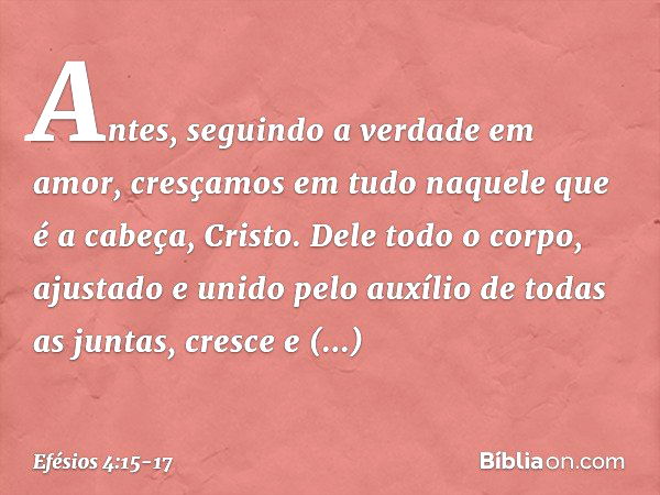 Antes, seguindo a verdade em amor, cresçamos em tudo naquele que é a cabeça, Cristo. Dele todo o corpo, ajustado e unido pelo auxílio de todas as juntas, cresce