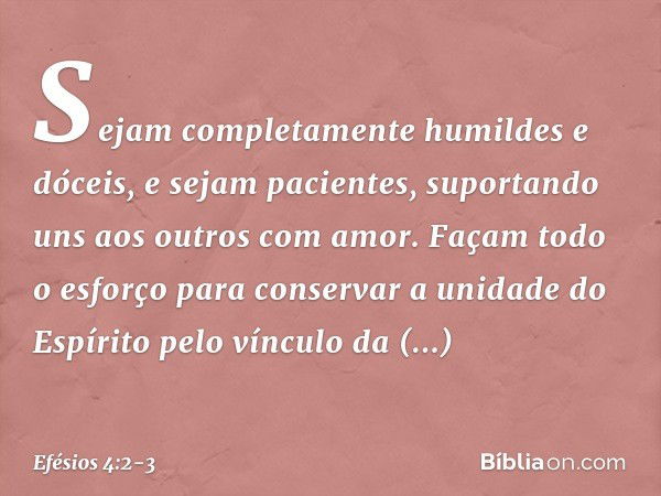 Sejam completamente humildes e dóceis, e sejam pacientes, suportando uns aos outros com amor. Façam todo o esforço para conservar a unidade do Espírito pelo vín