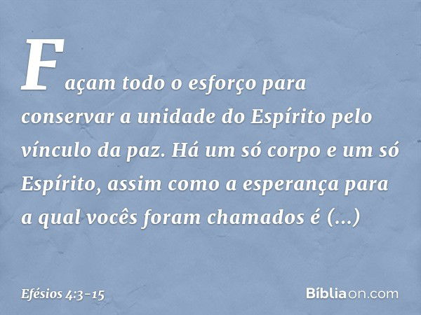 Façam todo o esforço para conservar a unidade do Espírito pelo vínculo da paz. Há um só corpo e um só Espírito, assim como a esperança para a qual vocês foram c