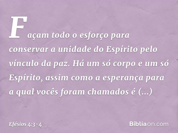 Façam todo o esforço para conservar a unidade do Espírito pelo vínculo da paz. Há um só corpo e um só Espírito, assim como a esperança para a qual vocês foram c