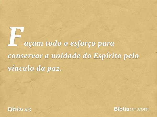 Façam todo o esforço para conservar a unidade do Espírito pelo vínculo da paz. -- Efésios 4:3