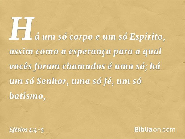 Há um só corpo e um só Espírito, assim como a esperança para a qual vocês foram chamados é uma só; há um só Senhor, uma só fé, um só batismo, -- Efésios 4:4-5