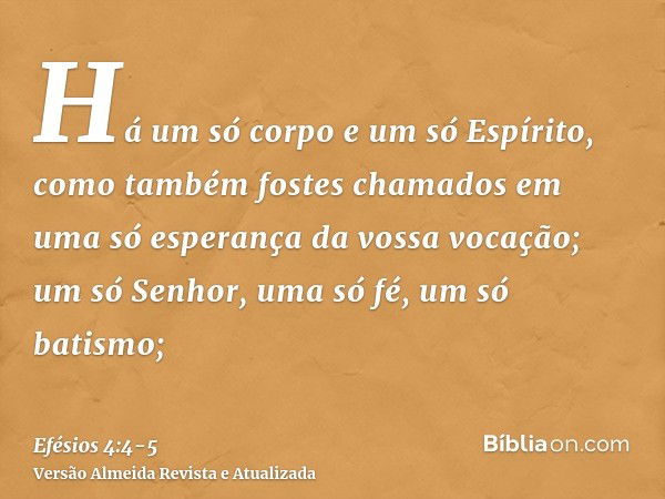 Há um só corpo e um só Espírito, como também fostes chamados em uma só esperança da vossa vocação;um só Senhor, uma só fé, um só batismo;