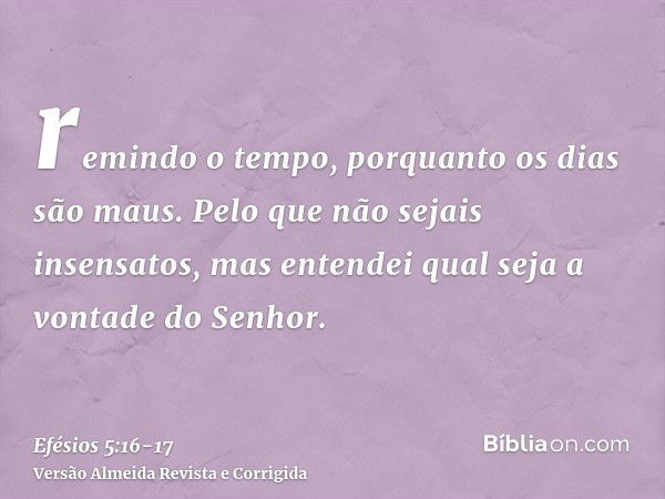 remindo o tempo, porquanto os dias são maus.Pelo que não sejais insensatos, mas entendei qual seja a vontade do Senhor.