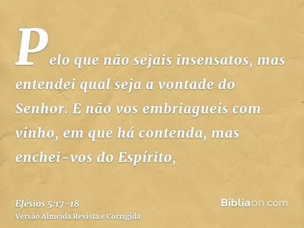 Pelo que não sejais insensatos, mas entendei qual seja a vontade do Senhor.E não vos embriagueis com vinho, em que há contenda, mas enchei-vos do Espírito,