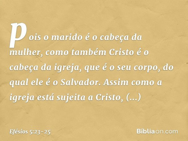 pois o marido é o cabeça da mulher, como também Cristo é o cabeça da igreja, que é o seu corpo, do qual ele é o Salvador. Assim como a igreja está sujeita a Cri