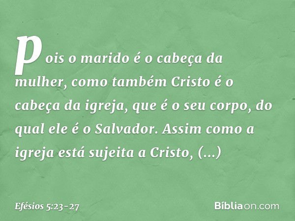 pois o marido é o cabeça da mulher, como também Cristo é o cabeça da igreja, que é o seu corpo, do qual ele é o Salvador. Assim como a igreja está sujeita a Cri