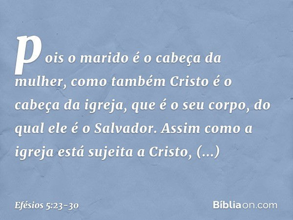 pois o marido é o cabeça da mulher, como também Cristo é o cabeça da igreja, que é o seu corpo, do qual ele é o Salvador. Assim como a igreja está sujeita a Cri