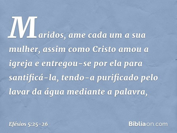 Maridos, ame cada um a sua mulher, assim como Cristo amou a igreja e entregou-se por ela para santificá-la, tendo-a purificado pelo lavar da água mediante a pal