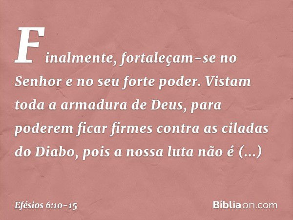 Finalmente, fortaleçam-se no Senhor e no seu forte poder. Vistam toda a armadura de Deus, para poderem ficar firmes contra as ciladas do Diabo, pois a nossa lut