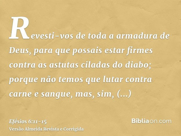 Revesti-vos de toda a armadura de Deus, para que possais estar firmes contra as astutas ciladas do diabo;porque não temos que lutar contra carne e sangue, mas, 