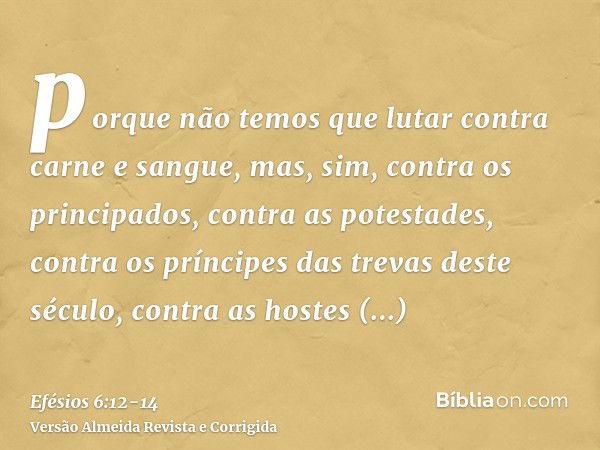 porque não temos que lutar contra carne e sangue, mas, sim, contra os principados, contra as potestades, contra os príncipes das trevas deste século, contra as 