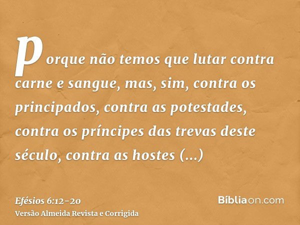 porque não temos que lutar contra carne e sangue, mas, sim, contra os principados, contra as potestades, contra os príncipes das trevas deste século, contra as 