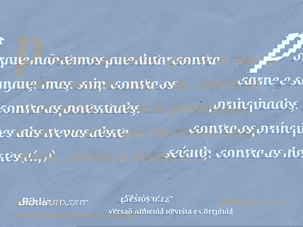 porque não temos que lutar contra carne e sangue, mas, sim, contra os principados, contra as potestades, contra os príncipes das trevas deste século, contra as