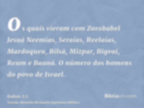 os quais vieram com Zorobabel Jesuá Neemias, Seraías, Reelaías, Mardoqueu, Bilsã, Mizpar, Bigvai, Reum e Baaná. O número dos homens do povo de Israel.