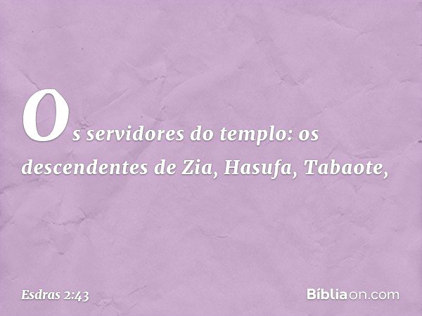 Os servidores do templo:
os descendentes de Zia,
Hasufa, Tabaote, -- Esdras 2:43