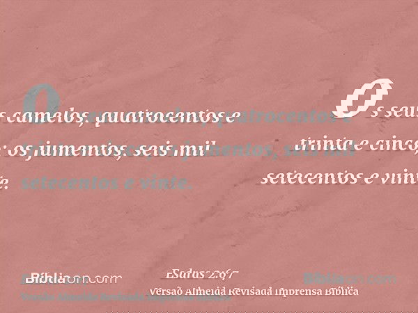 os seus camelos, quatrocentos e trinta e cinco; os jumentos, seis mil setecentos e vinte.