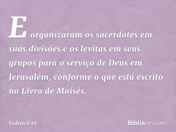 E organizaram os sacerdotes em suas divisões e os levitas em seus grupos para o serviço de Deus em Jerusa­lém, conforme o que está escrito no Livro de Moisés. -