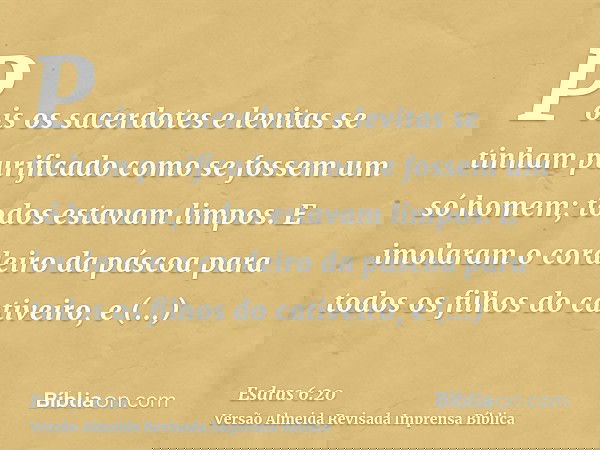 Pois os sacerdotes e levitas se tinham purificado como se fossem um só homem; todos estavam limpos. E imolaram o cordeiro da páscoa para todos os filhos do cati