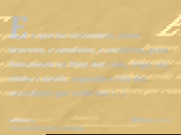 E o que for necessário, como bezerros, e carneiros, e cordeiros, para holocausto ao Deus dos céus, trigo, sal, vinho e azeite, segundo o rito dos sacerdotes que