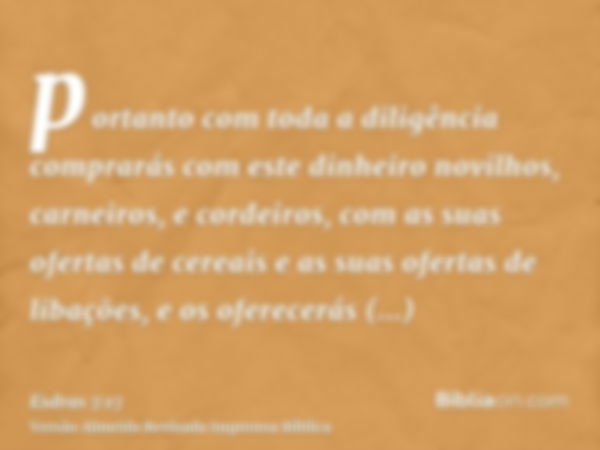 portanto com toda a diligência comprarás com este dinheiro novilhos, carneiros, e cordeiros, com as suas ofertas de cereais e as suas ofertas de libações, e os 