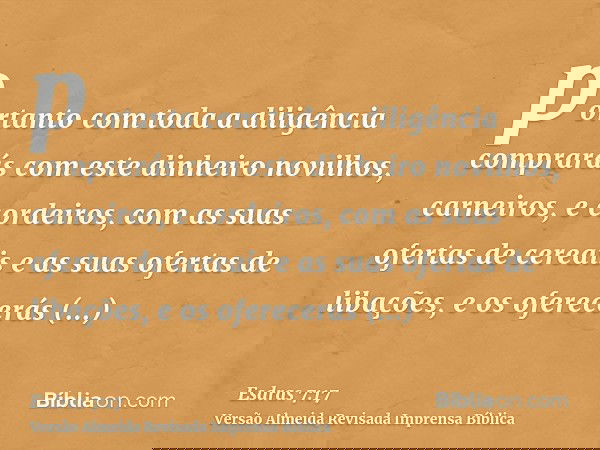 portanto com toda a diligência comprarás com este dinheiro novilhos, carneiros, e cordeiros, com as suas ofertas de cereais e as suas ofertas de libações, e os
