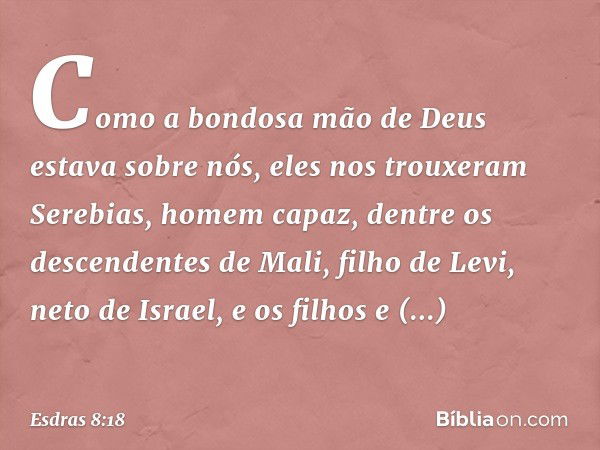 Co­mo a bondosa mão de Deus estava sobre nós, eles nos trouxeram Serebias, homem capaz, dentre os descendentes de Mali, filho de Levi, neto de Israel, e os filh