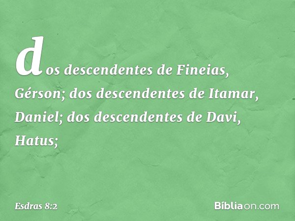 dos descendentes de Fineias, Gérson;
dos descendentes de Itamar, Daniel;
dos descendentes de Davi, Hatus; -- Esdras 8:2