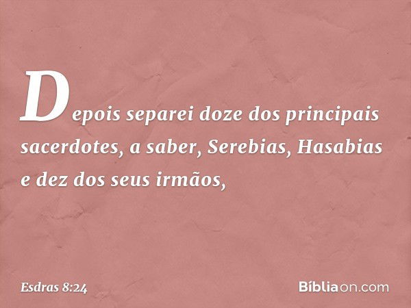 Depois separei doze dos principais sacerdotes, a saber, Serebias, Hasabias e dez dos seus irmãos, -- Esdras 8:24