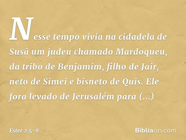 Nesse tempo vivia na cidadela de Susã um judeu chamado Mardoqueu, da tribo de Benjamim, filho de Jair, neto de Simei e bisneto de Quis. Ele fora levado de Jerus