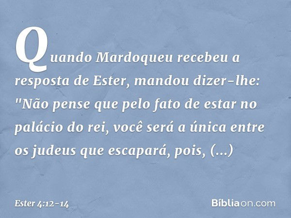 Quando Mardoqueu recebeu a resposta de Ester, mandou dizer-lhe: "Não pense que pelo fato de estar no palácio do rei, você será a única entre os judeus que escap