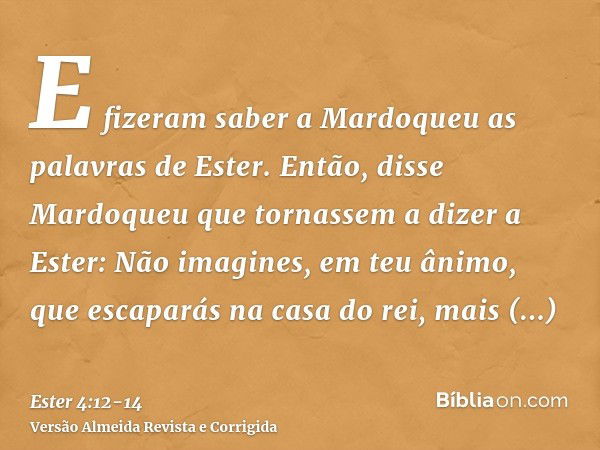 E fizeram saber a Mardoqueu as palavras de Ester.Então, disse Mardoqueu que tornassem a dizer a Ester: Não imagines, em teu ânimo, que escaparás na casa do rei,