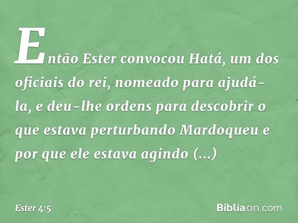 Então Ester convocou Hatá, um dos oficiais do rei, nomeado para ajudá-la, e deu-lhe ordens para descobrir o que estava perturbando Mardoqueu e por que ele estav