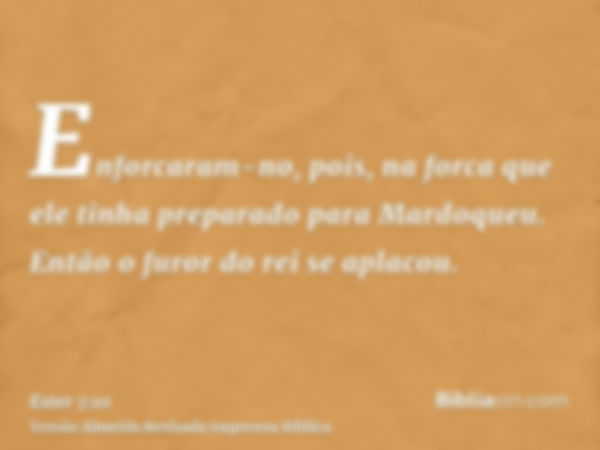 Enforcaram-no, pois, na forca que ele tinha preparado para Mardoqueu. Então o furor do rei se aplacou.